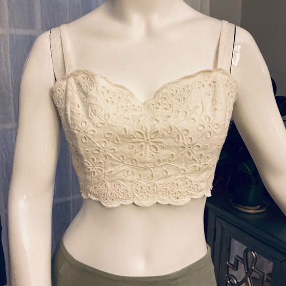 Madewell Ivory Lacey Eyelet Linen Blend Beachy Cropped Tank Top Woman Size 2 - Picture 4 of 11